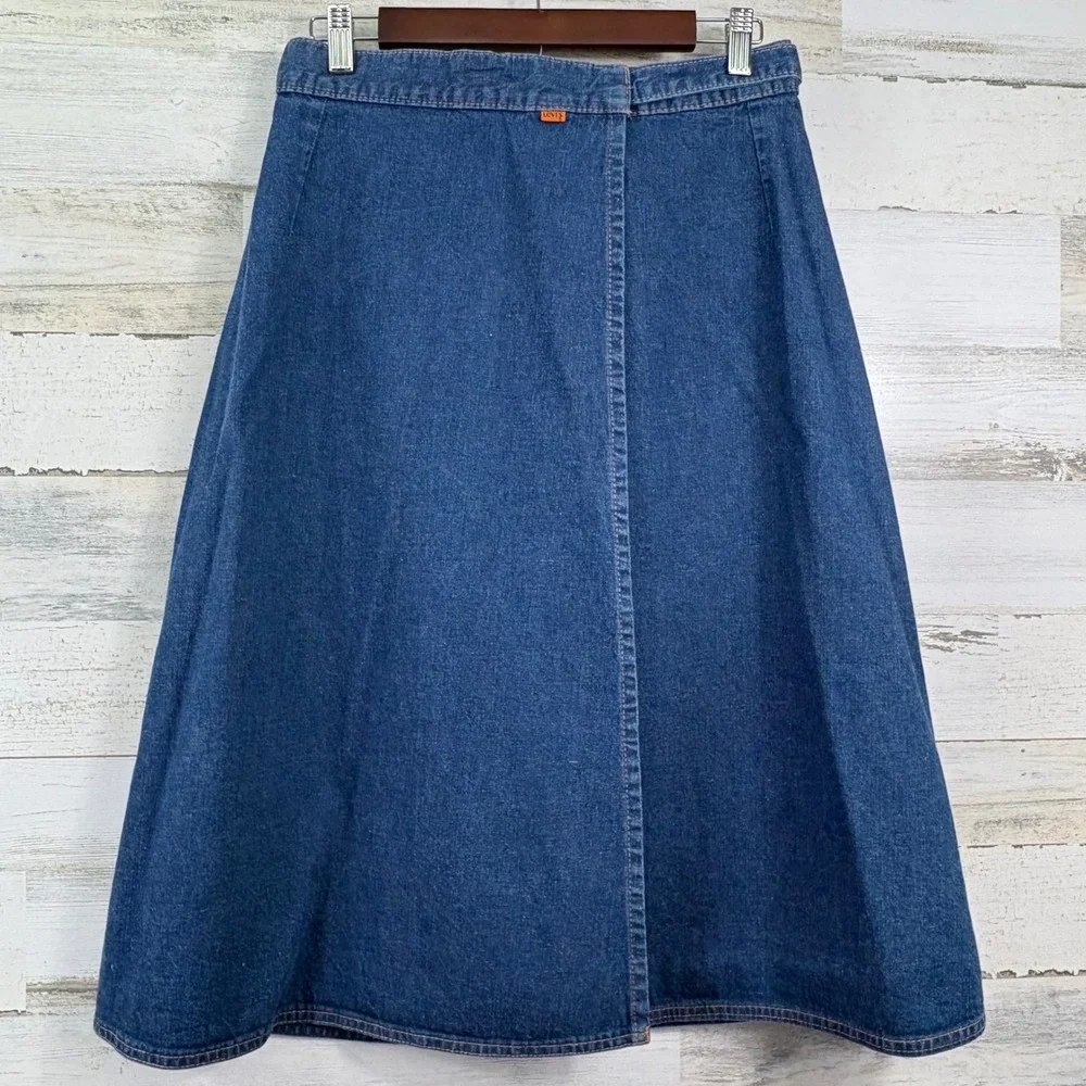 Vintage 70s Levi's Orange Tab Jean Denim Wrap Skirt 27 Blue Belted Midi A‎ Line